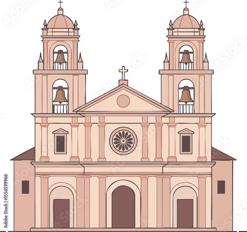 Colonial style church building facade with twin bell towers and rose window vector illustration