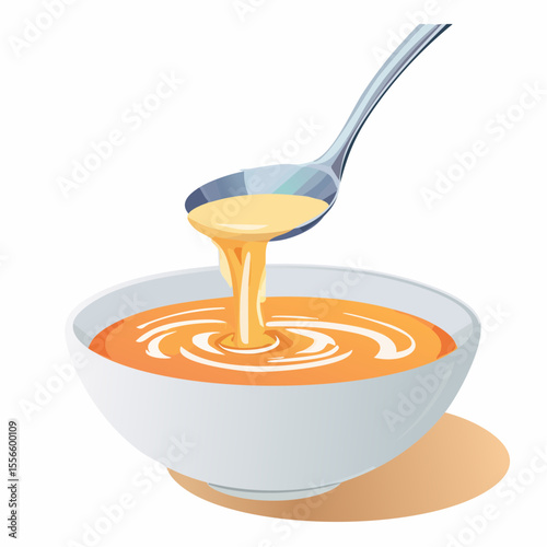 A ladle pouring hot soup into a bowl
