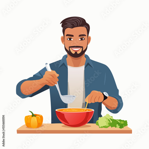 A ladle pouring hot soup into a bowl
