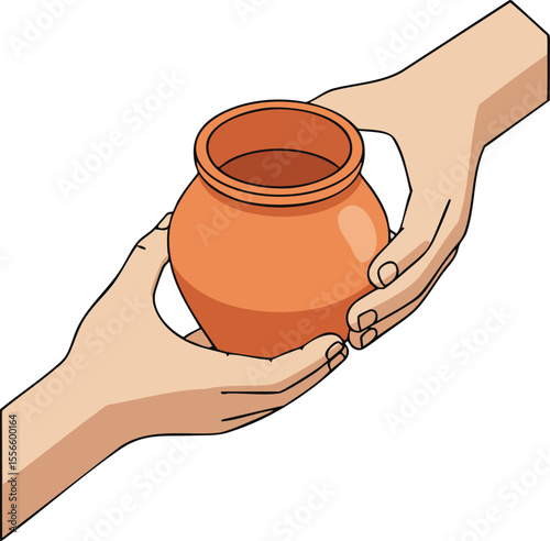 Hands passing clay pot sharing cooperation concept vector illustration simple design