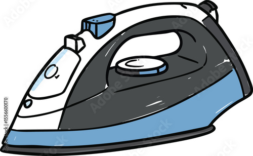 Electric iron appliance for home and laundry use with blue and black design vector illustration
