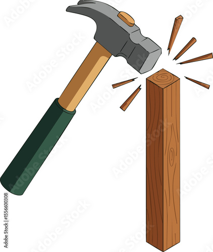 Hammer striking wooden post with flying wood chips vector illustration of construction and carpentry tools in action