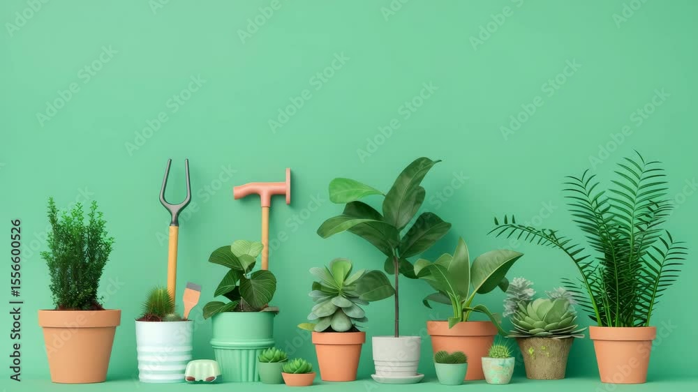 Vibrant collection of potted plants and gardening tools against a mint green background showcasing indoor gardening inspiration and decor ideas