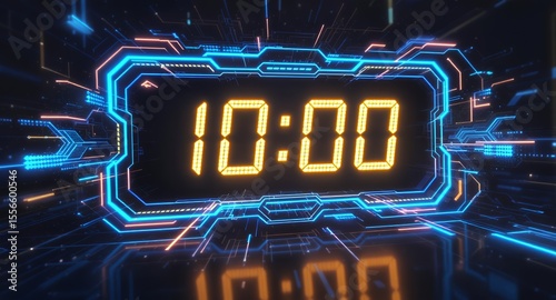 Digital Clock Interface Futuristic Technology Neon Lights Time Display Abstract Background