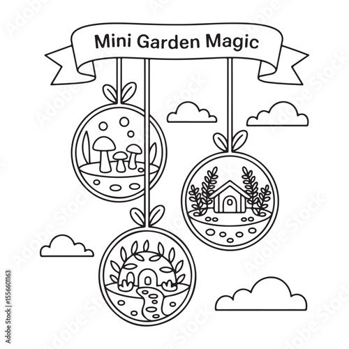 Miniature Fairy Cottage in a Teacup Planter – Bold Line Garden Coloring Page, Black & White Designs, Victor Illustration, Line Art, Miniature Garden Bold & Easy Coloring Book.