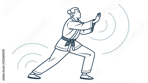 Martial Artist in Defensive Stance with Energy Waves.