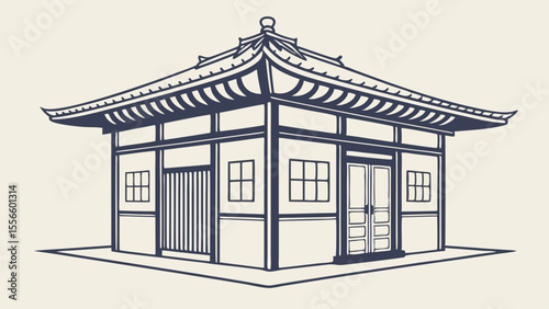 Elegant Line Drawing of a Traditional Japanese Pavilion.