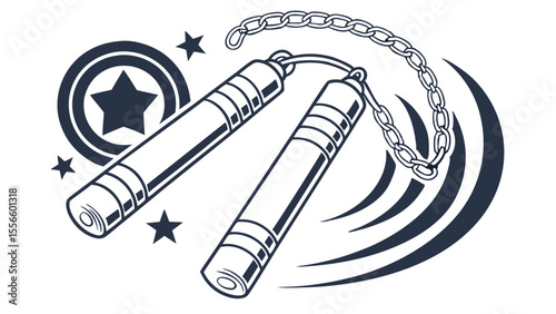 Stylized Nunchucks with Star Symbol and Motion Lines Illustration.