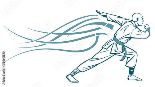 Shaolin Monk in Dynamic Martial Arts Pose with Motion Trails.