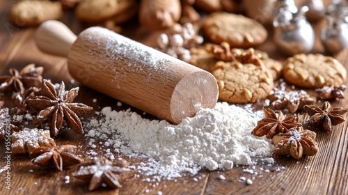 Festive Christmas baking scene with flour and rolling pin