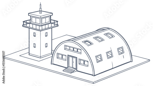 Isometric View of a Modern Industrial Building and Tower.