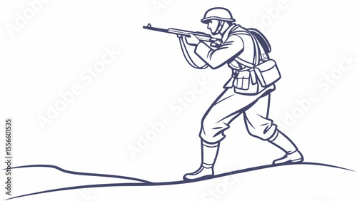 Line art illustration of a soldier aiming a rifle.
