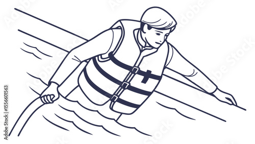 Man Wearing Life Vest Entering Water Line Art Illustration.