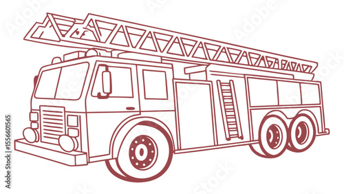 Detailed Line Drawing of a Vintage Fire Truck with Ladder.