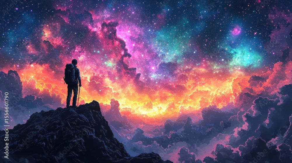 Fototapeta premium A solitary figure stands atop a mountain, gazing at a vibrant, star-filled sky.