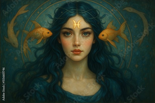Mystical woman with flowing blue hair and goldfish in a celestial setting reflecting traits of the Pisces zodiac sign