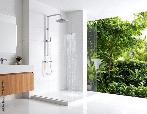 Modern bathroom with lush garden view