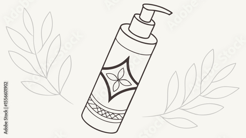 Outlined lotion bottle with pump and floral design accompanied by leaves.