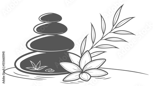 Spathemed Illustration Featuring Stacked Stones Flower and Leaves.