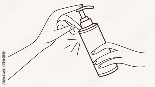 Line art illustration of hands using a pump bottle.