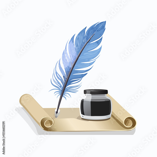 A feather pen and ink bottle on a scroll
