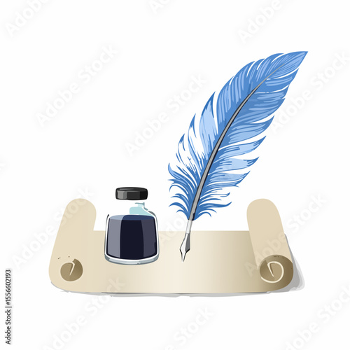 A feather pen and ink bottle on a scroll
