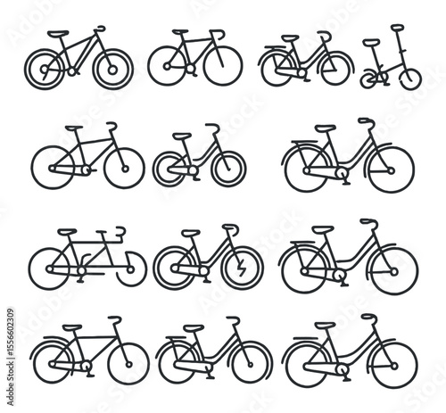 Bicycle icons set – outline, cycling and bike symbols for transport and recreation