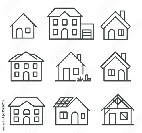 House architecture icons set – outline simplicity, home design and building symbols