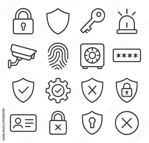 Security icons set – outline, protection and safety symbols for digital security
