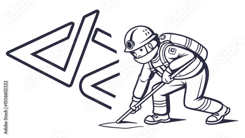 Cartoon Illustration of a Rescue Worker Investigating a Hole.