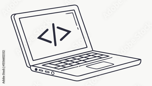 Handdrawn illustration of a laptop with code tags.