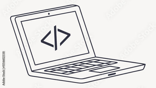 Laptop with Code Symbol on Screen Outline Style.