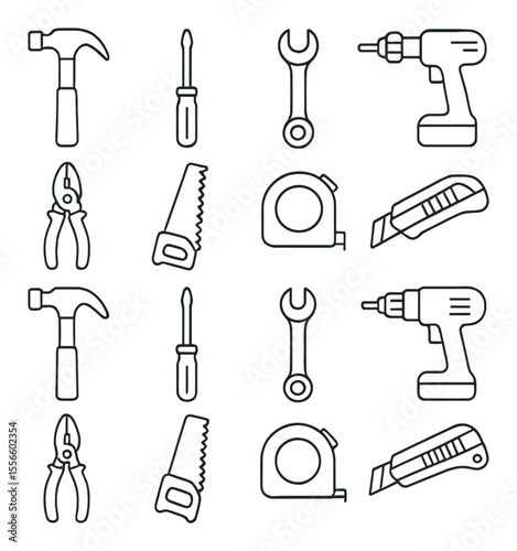 Essential hand tools icons set – line, simple and diy maintenance symbols