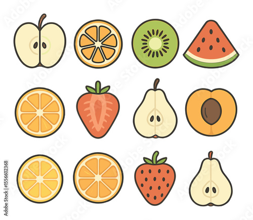 Fruits and food icons set – outline, simple and healthy eating symbols collection