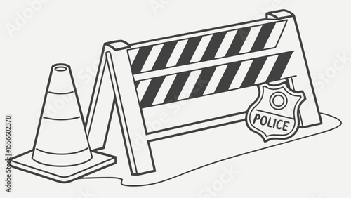 Police Barrier and Traffic Cone Illustration.