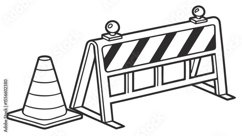 Black and white line art of construction cone and barrier.