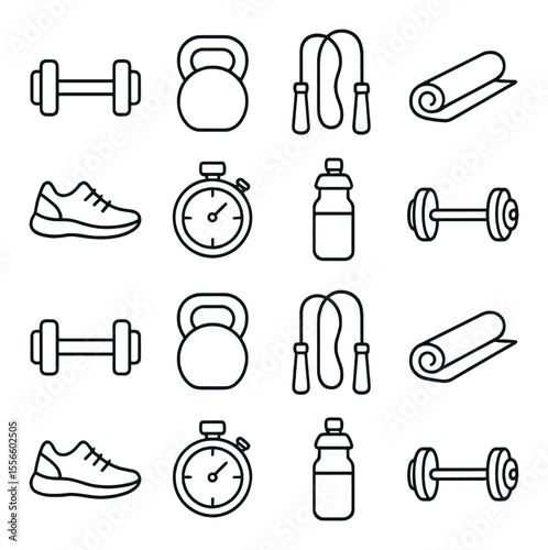 Fitness icons set – outline, exercise and workout symbols for health enthusiasts