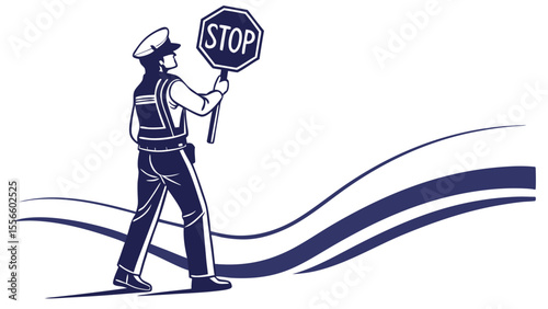 Policeman Holding Stop Sign Directing Traffic Illustration.