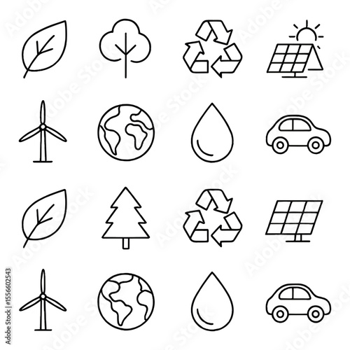 Eco and recycling outline icons set – nature, sustainability and green energy symbols