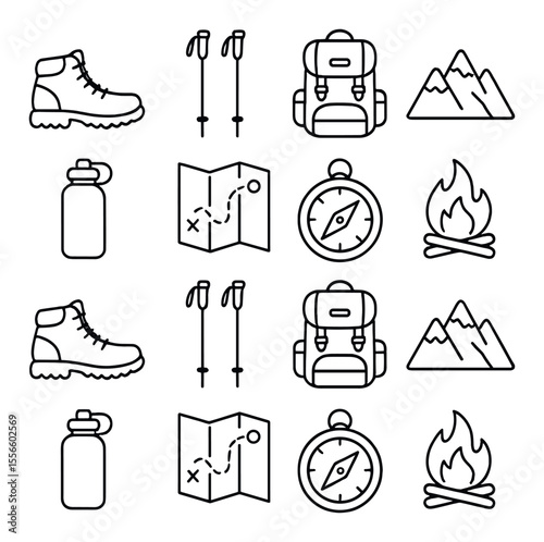 Hiking gear icons set – outline style, camping and outdoor adventure symbols
