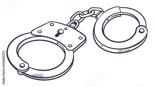 Detailed Black and White Illustration of Handcuffs with Chain.