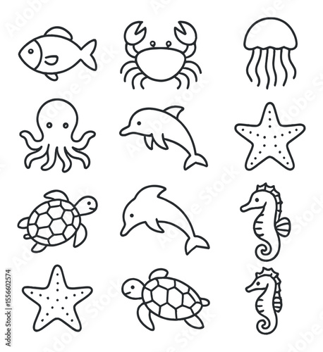 Sea creatures icons set – outline, marine and aquatic animal design elements