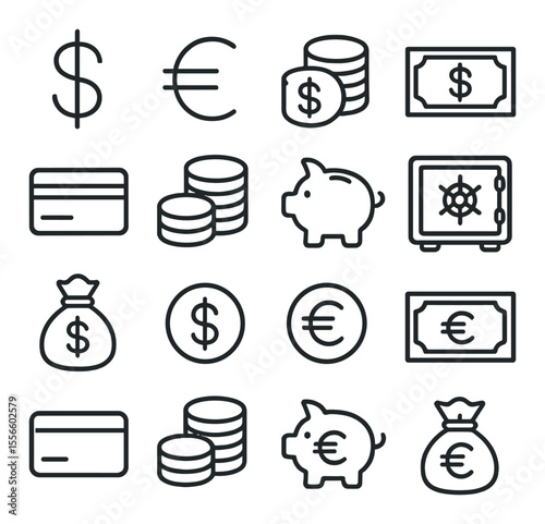 Finance and money icons set – line style, currency symbols and banking essentials