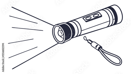 Line art illustration of a flashlight with light beams and wrist strap.