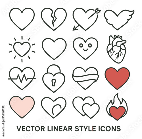 Heart icons set: linear, love and emotion themed graphics for design projects