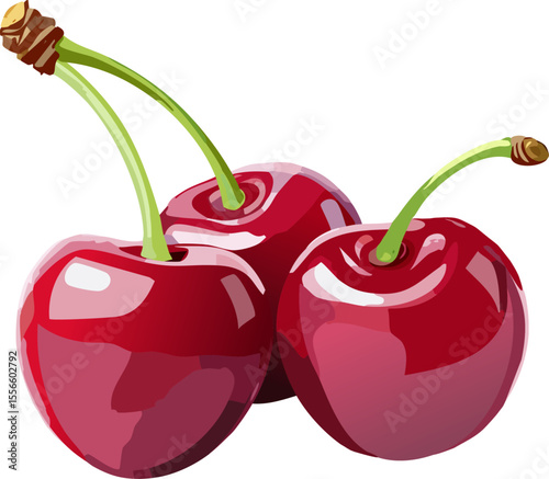 Three fresh, ripe cherries with vibrant red color and green stems, artfully captured and displayed. These cherries look delicious!
