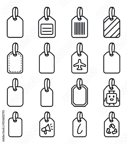 Luggage tags line icons set – travel, bag labels and suitcase identification symbols