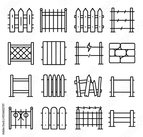 Variety of fences icons set – silhouette, boundary and barrier symbols