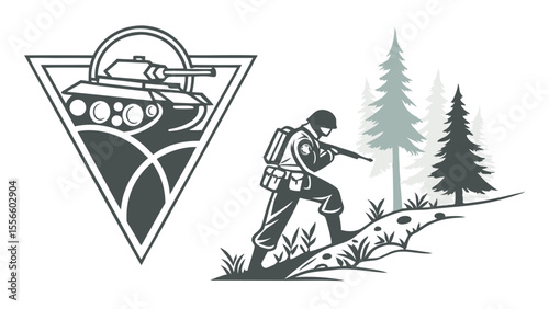 Military Tank Emblem and Soldier in Forest Illustration.