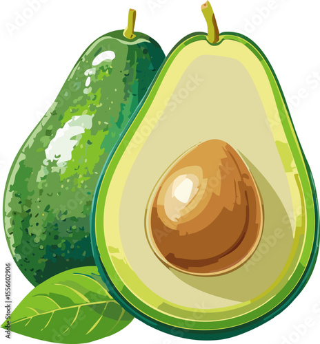 A Close-Up of Two Fresh Avocado Fruit with Seed and Green Leaf